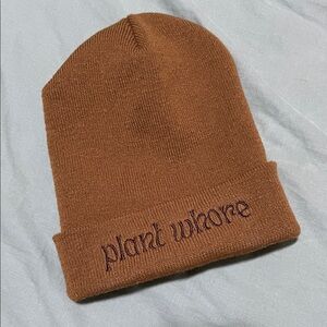 Brown Knit Beanie with Embroidered Text